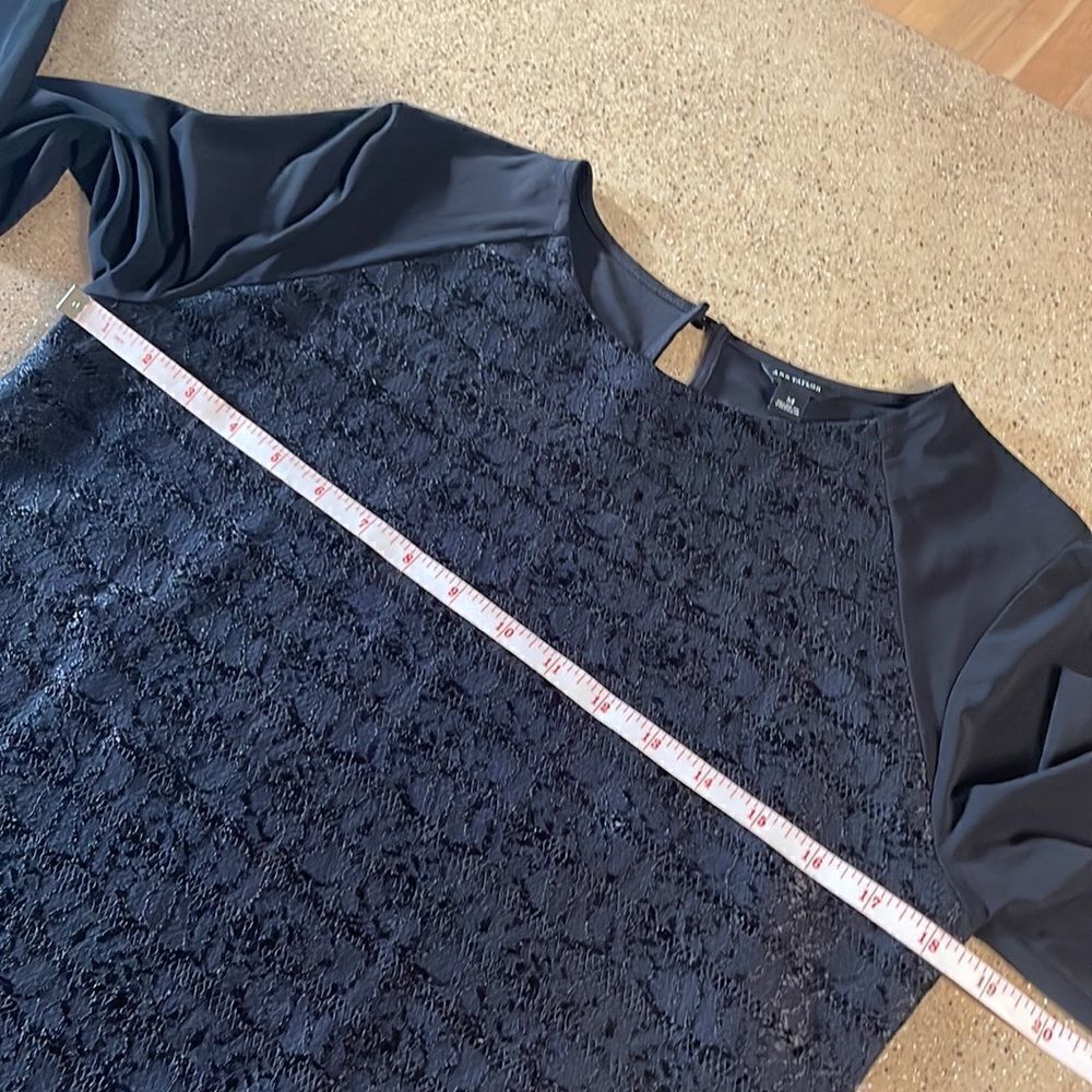 Ann Taylor Lace Front Slinky Back & Sleeves Top Black sz M - Picture 10 of 14